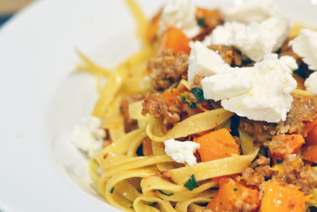 Fettuccine with Butternut Squash, Sausage, and Goat Cheese